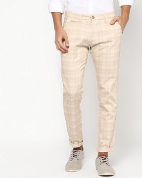 checked slim fit flat front trousers