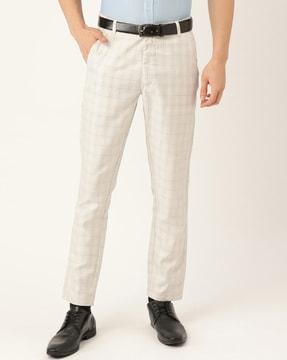 checked slim fit flat front trousers