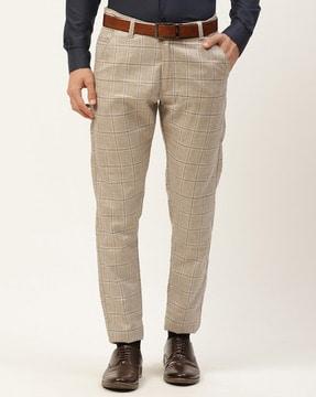 checked slim fit flat front trousers