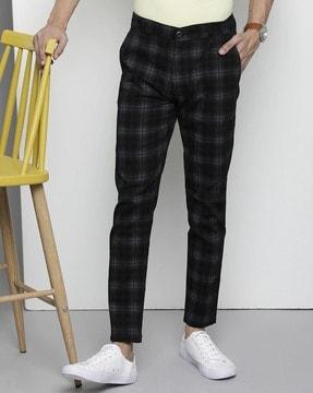 checked slim fit flat-front trousers