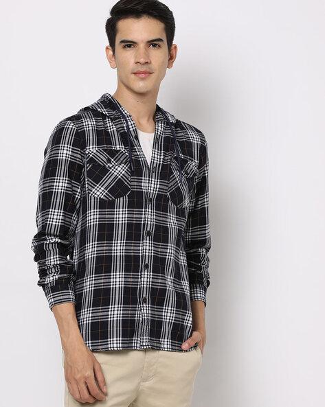 checked slim fit hooded shirt with flap pockets