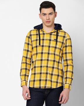 checked slim fit hooded shirt with patch pocket