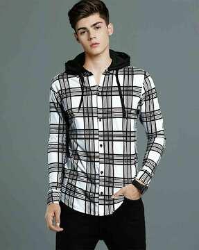 checked slim fit hooded shirt