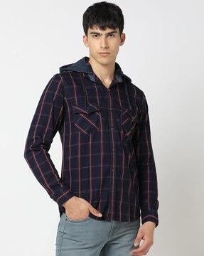 checked slim fit hooded shirt