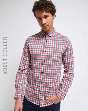 checked slim fit reversible shirt with patch pocket