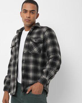 checked slim fit shacket with sherpa lining