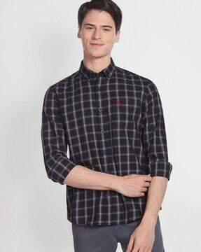 checked slim fit shirt with button-down collar