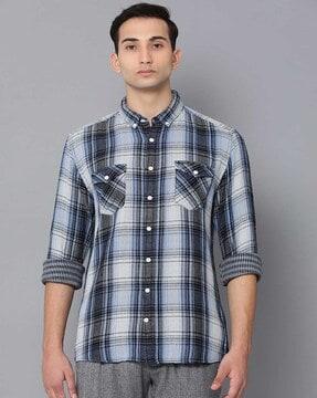 checked slim fit shirt with buttoned flap pockets