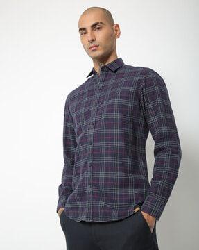 checked slim fit shirt with buttoned pocket