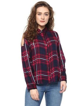 checked slim fit shirt with cold-shoulder sleeves