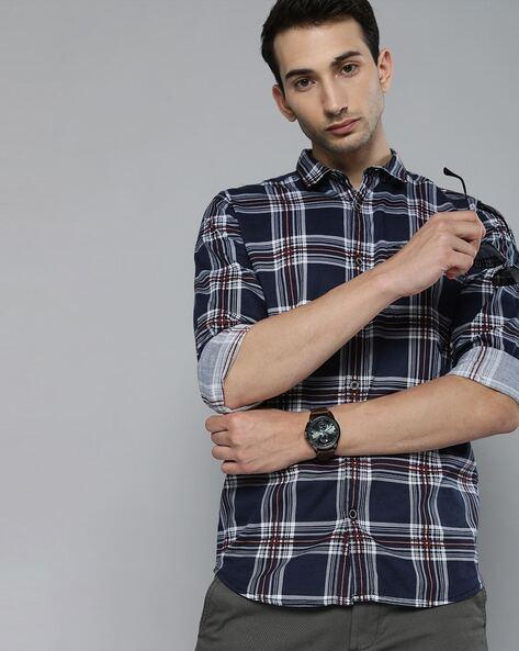 checked slim fit shirt with curved hemline