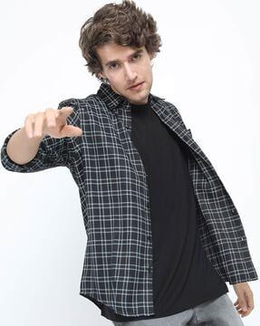 checked slim fit shirt with cutaway collar