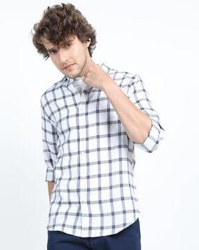 checked slim fit shirt with cutaway collar