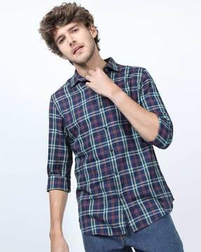 checked slim fit shirt with cutaway collar