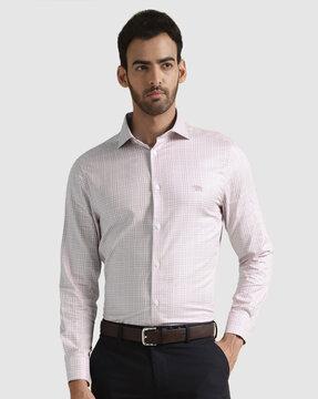 checked slim fit shirt with cutaway collar