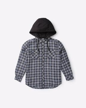 checked slim fit shirt with detachable hood