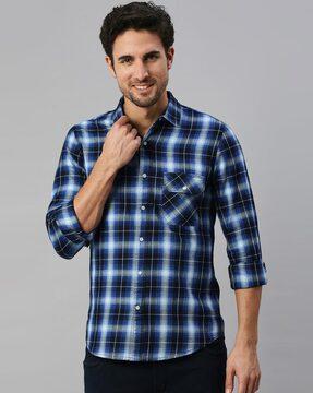 checked slim fit shirt with flap pocket