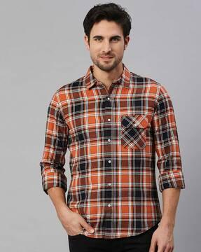 checked slim fit shirt with flap pocket
