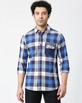 checked slim fit shirt with flap pocket