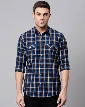 checked slim fit shirt with flap pockets