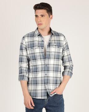 checked slim fit shirt with flap pockets