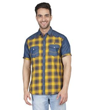 checked slim fit shirt with flap pockets