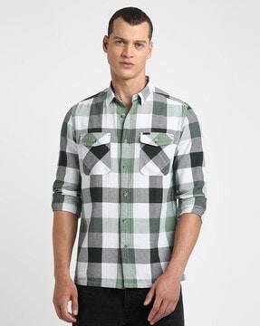 checked slim fit shirt with flap pockets