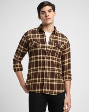 checked slim fit shirt with flap pockets