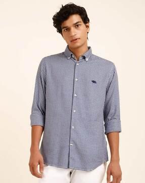 checked slim fit shirt with logo embroidery