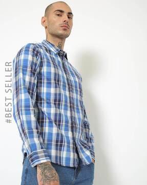 checked slim fit shirt with patch pocket