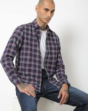 checked slim fit shirt with patch pocket