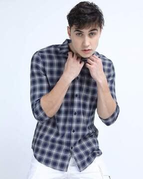 checked slim fit shirt with patch pocket