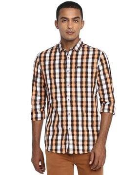 checked slim fit shirt with patch pocket