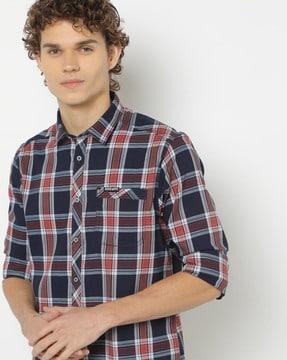 checked slim fit shirt with patch pocket