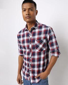 checked slim fit shirt with patch pocket