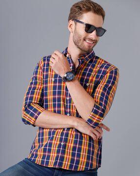 checked slim fit shirt with patch pocket