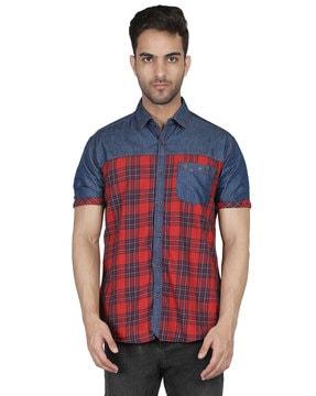 checked slim fit shirt with patch pocket