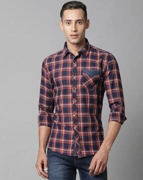 checked slim fit shirt with patch pocket