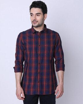 checked slim fit shirt with patch-pocket