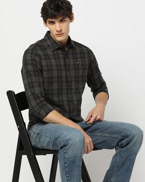 checked slim fit shirt with patch pocket