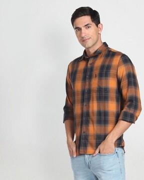 checked slim fit shirt with patch pocket