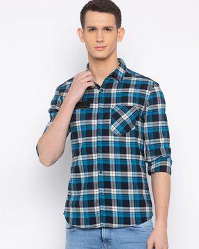 checked slim fit shirt with patch pocket