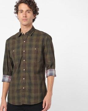 checked slim fit shirt with patch pockets