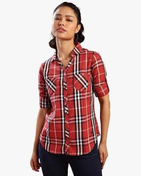 checked slim fit shirt with patch pockets