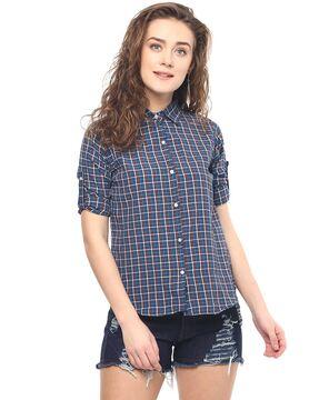 checked slim fit shirt with roll-up sleeves
