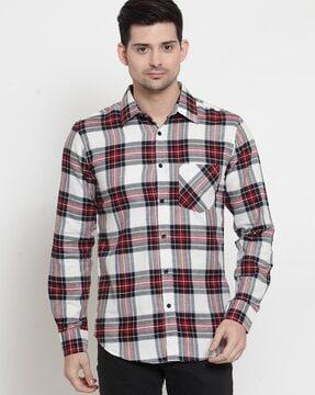 checked slim fit shirt with spread collar