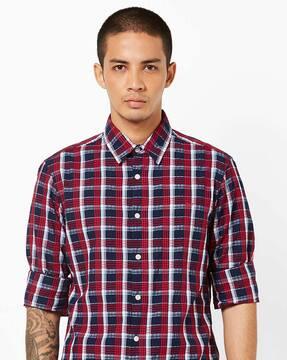 checked slim fit shirt with spread collar