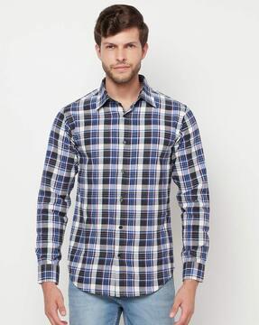 checked slim fit shirt with spread collar