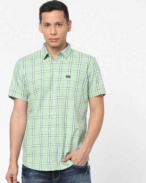 checked slim fit shirt with spread collar