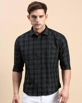 checked slim fit shirt with spread collar